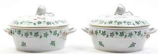 A Pair of Herend Porcelain Covered Entrees, Width over handles 9 3/4 inches.