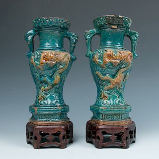 PAIR OF YELLOW AND BLUE GLAZE VASE 	