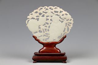 JADE PIERCED PLAQUE WITH STAND, QING DYNASTY 	