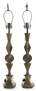 A Pair of Art Deco Style Bronze Table Lamps, Tom Corbin, Height 33 1/2 inches.