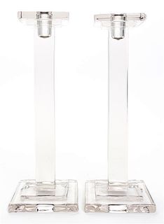 A Pair of Glass Candlesticks, Height 12 inches.