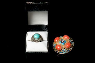 SET OF CORAL BROOCH AND TURQUOISE RING