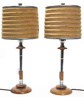 A Pair of Wood and Chromed Metal Table Lamps, Height 16 3/4 inches.