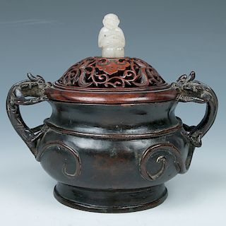 BRONZE CENSER WITH JADE HANDLE WOOD COVER