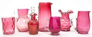 A Group of Victorian Cranberry Glass Articles, Height of tallest pitcher 7 inches.