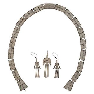 Kiowa German Silver Peyote Bird Earrings, Pin, and Hat Band 