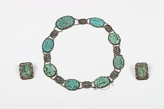 TURQUOISE & FILIGREE NECKLACE & EARRING SET, QING