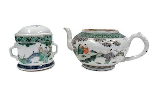 Famille Verte Export Teapot and Strainer.