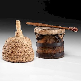 Haudenosaunee [Iroquois] Seneca Braided Cornhusk Salt Bottle Basket and Water Drum with Drumstick From the Collection of Charles E. Congdon (1877-1979