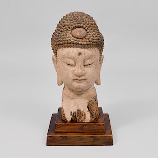 Southeast Asian Painted Wood Head of Buddha