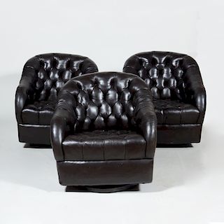 Three Tufted Leather Club Chairs, in the Style of Ward Bennett