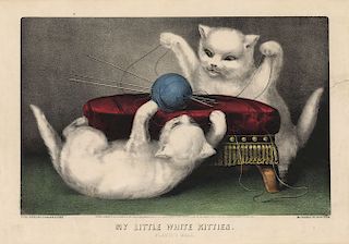 My Little White Kitties. Playing Ball - Original Small Folio Currier & Ives lithograph