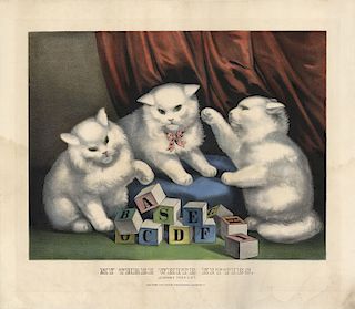 My Three White Kitties. Learning their A.B.C. - Original Medium Folio Currier & Ives lithograph