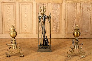 19TH CENT. BRASS FIREPLACE TOOLS & PAIR ANDIRONS
