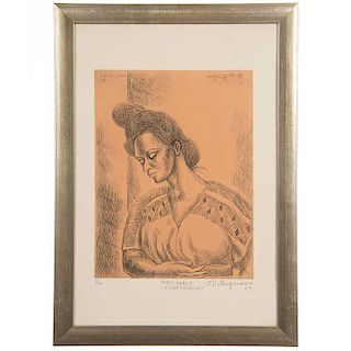 Raúl Anguiano. Mujer Tehuana. Firmado y fechado Marzo ´87. Grabado en punta seca. 7/22. Enmarcado en madera tallada.