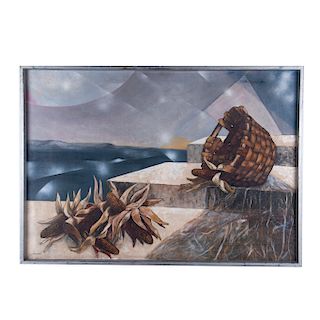 Lucia Fontanilla Soriano (España, 1937 - [?]) Vista de paisaje abstracto con mazorcas. Óleo sobre tela. Firmado y fechado 77.Enmarcado.