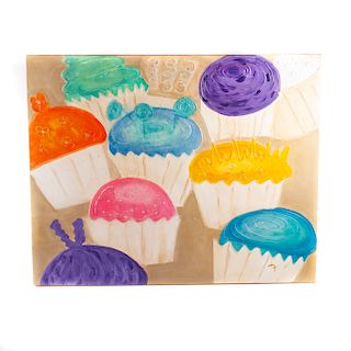 Cupcakes de colores. Siglo XX. Óleo y resina sobre tela. Firmado. Enmarcados. 80 x 100 cm