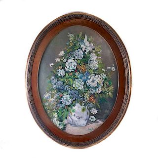 Bouquet en jarrón. Siglo XX. Óleo sobre tela. Diseño oval. Firmado Saúl O. Enmarcado. 78 x 57 cm