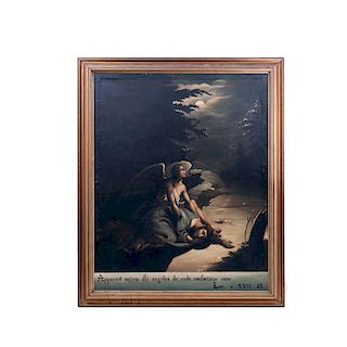 Jesús Ora en el huerto de Getsemaní. Principios del Siglo XX. Óleo sobre tela, con leyenda en cartela. Enmarcado.