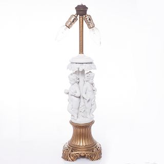 LOTE SIN RESERVA. Lámpara de mesa. Siglo XX. Elaborada en porcelana, acabado biscuit. Sobre base de latón dorado.