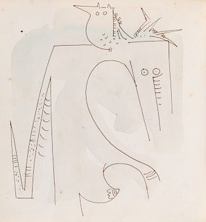 AN ORIGINAL INK AND WATERCOLOR DRAWING BY WILFREDO LAM (CUBAN 1902-1982) IN AUTOGRAPH COPY OF CATALOGUE RAISONNE, TOGETHER WITH A SECOND COPY