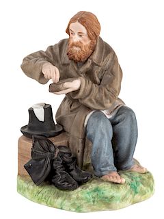 A RUSSIAN PORCELAIN FIGURE OF A PEASANT SALTING BREAD, GARDNER PORCELAIN FACTORY, MOSCOW, LATE 19TH CENTURY