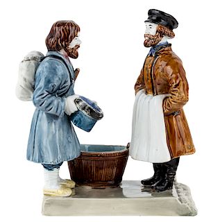 A RUSSIAN PORCELAIN FIGURAL GROUP OF A BEGGAR AND A BAKER, KUZNETSOV PORCELAIN FACTORY, LATE 19TH CENTURY