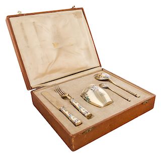 A RUSSIAN SILVER AND CHAMPLEVE ENAMEL PRESENTATION SET, MOSCOW, 1874