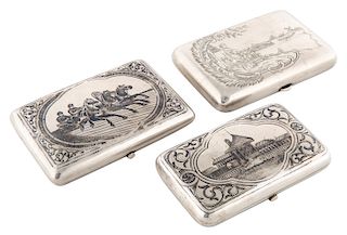 A GROUP OF THREE RUSSIAN SILVER CIGARETTE CASES, EARLY 20TH CENTURY