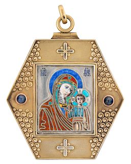 A FABERGE GILT SILVER AND ENAMEL MINIATURE ICON OF THE MOTHER OF GOD, MOSCOW, 1908-1917