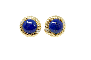 Fourteen Karat Yellow  Lapis  Diamond Earrings