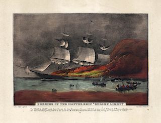 Burning of the Clipper Ship "Golden Light." - Original Small Folio Currier & Ives lithograph