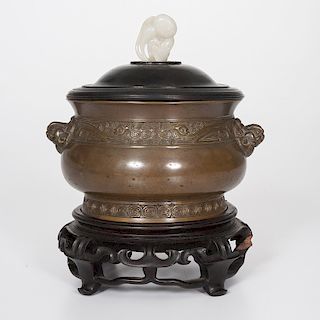 Chinese Bronze Censer with White Jade Pendent