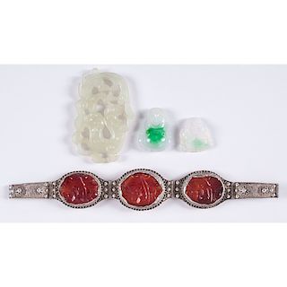 Jade Pendants and Silver Bracelet with Carnelian