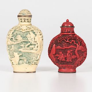 Carved Resin and Cinnabar Snuff Bottles