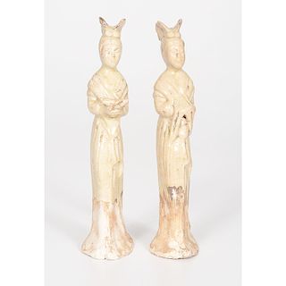 Tang Dynasty Straw-Glazed Pottery Figures of Standing Ladies