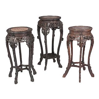 Chinese Carved Hardwood Plant Stands with Marble-tops