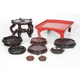 Chinese Carved Hardwood Stands and Red Lacquer Stand