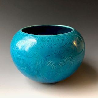 A CHINESE ANTIQUE BLUE GLAZED BRUSH WATERPOT MARKED. 19C