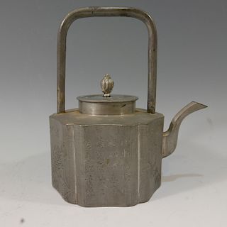 ANTIQUE CHINESE PEWTER TEA POT - SIGNED