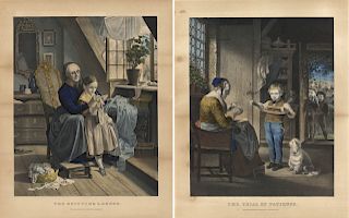 Trial Of Patience & Knitting Lesson - 2 Original Medium Folio Currier & Ives lithographs