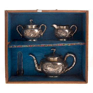 Zeewo Chinese Export silver tea set with tongs