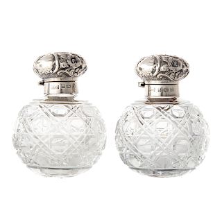 Pair English sterling & cut glass scent bottles