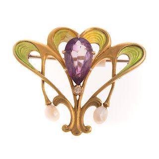 A Ladies Art Nouveau Enamel Brooch in 22K