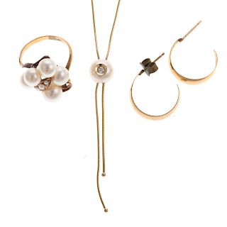 A Pearl Lariat, Ring & Hoop Earrings in Gold
