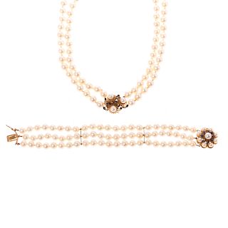 A Pearl Necklace & Bracelet with Sapphire Clasps