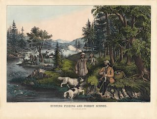 Hunting Fishing and Forest Scenes. Good Luck all Around - Original Large Folio Currier & Ives lithograph