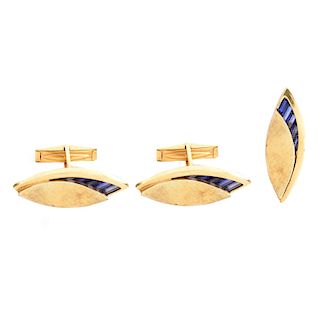 Vintage Sapphire and 14K Cufflinks and Tie Clip