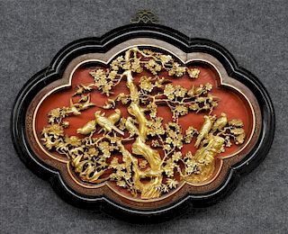 C.1900 Chinese Gilt Lacquered Wood Avian Panel