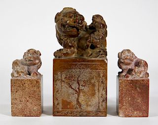 3 Chinese Carved Soapstone Foo Lion Seal Figures
